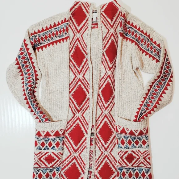 Lucky Brand Aztec Hooded Open Front Sweater Cardigan Lg - Picture 2 of 3